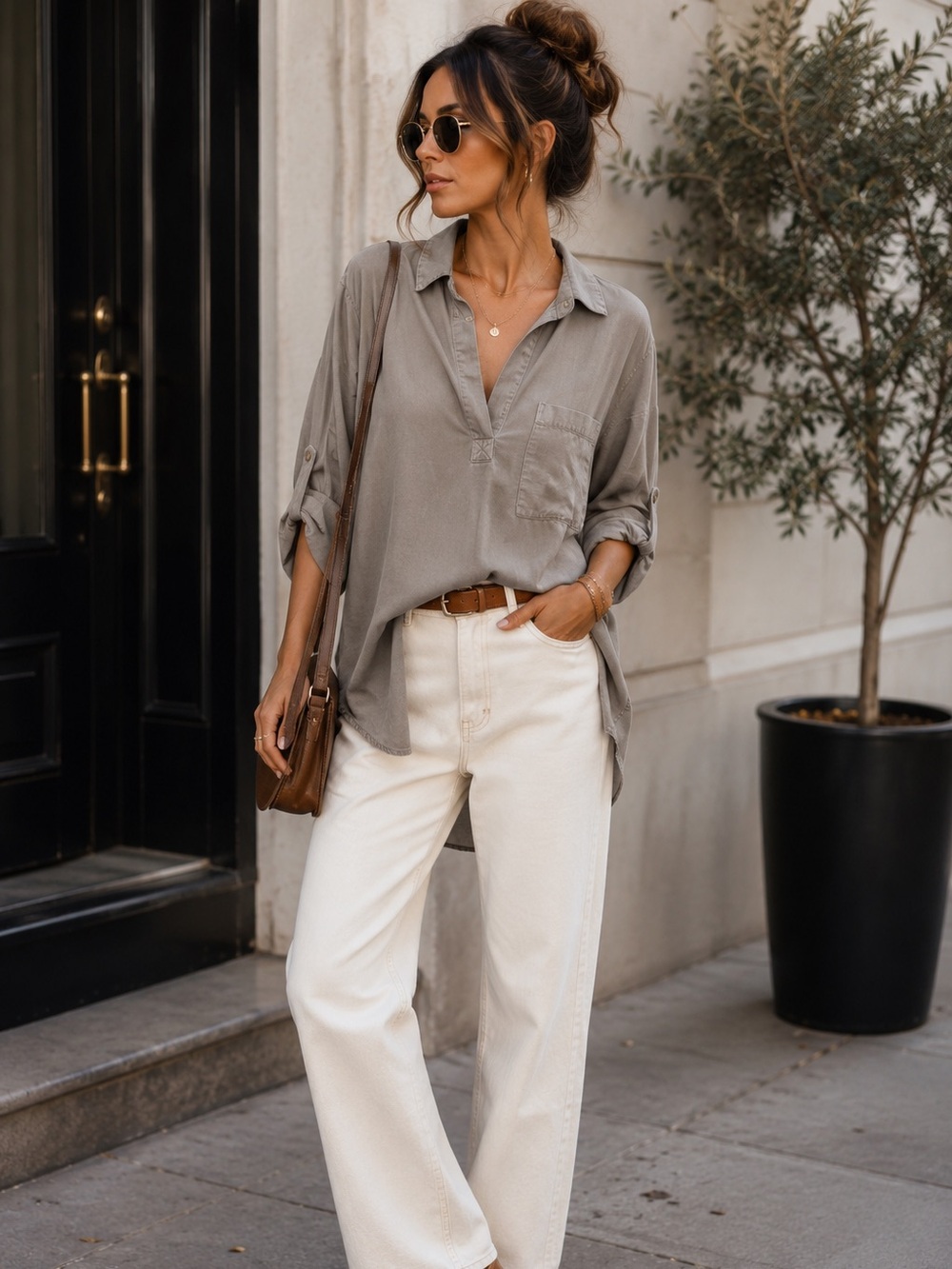 Elegant Taupe Women's Tunic Blouse